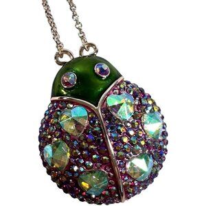 Betsey Johnson Ladybug Necklace AB red pave' iridescent hearts glistening chain